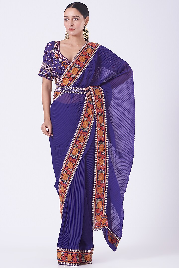Clear Purple Georgette Pre-Stitched Wedding Saree Set by Kavita Bhartia at Pernia's Pop Up Shop