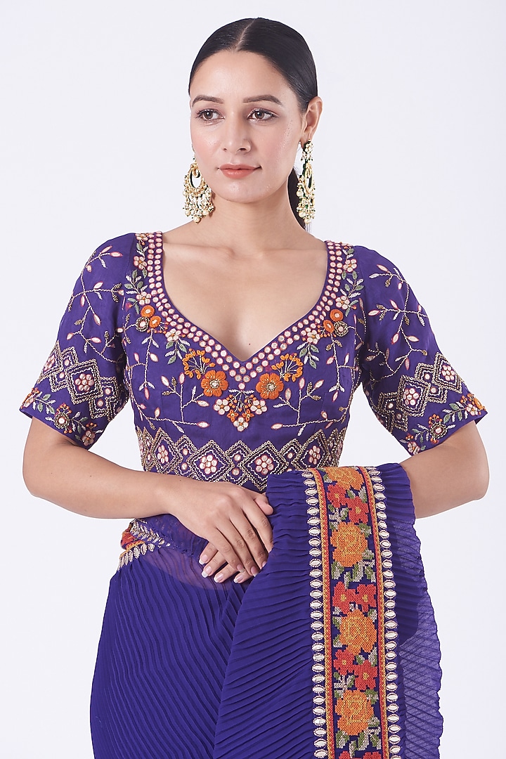 Clear Purple Georgette Pre-Stitched Wedding Saree Set by Kavita Bhartia at Pernia's Pop Up Shop