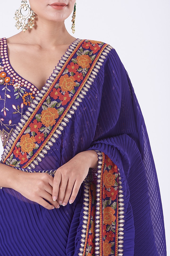 Clear Purple Georgette Pre-Stitched Wedding Saree Set by Kavita Bhartia at Pernia's Pop Up Shop