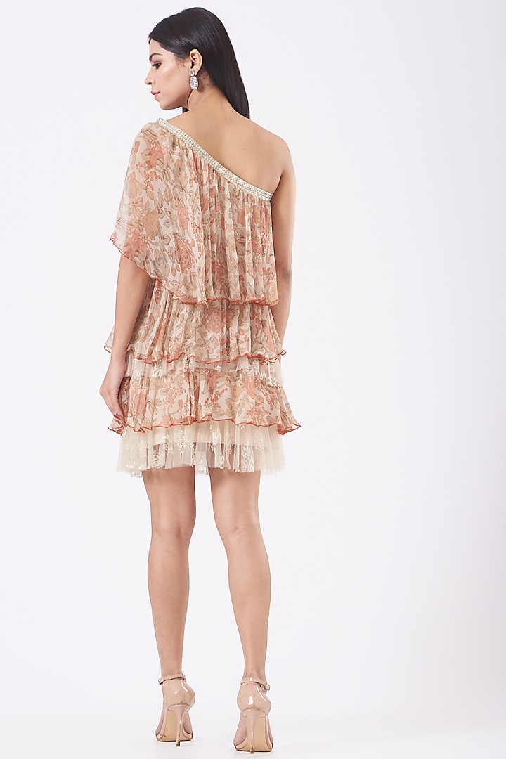 Ivory Chiffon Printed One-Shoulder Tiered Mini Vacation Dress by Kavita Bhartia at Pernia's Pop Up Shop