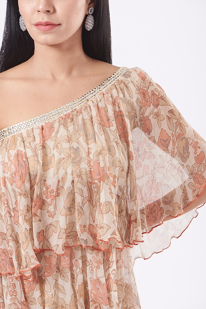 Ivory Chiffon Printed One-Shoulder Tiered Mini Vacation Dress by Kavita Bhartia at Pernia's Pop Up Shop