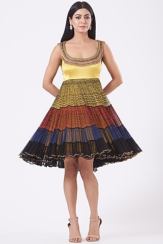 Yellow Embellished Tiered Mini Dress by Kavita Bhartia