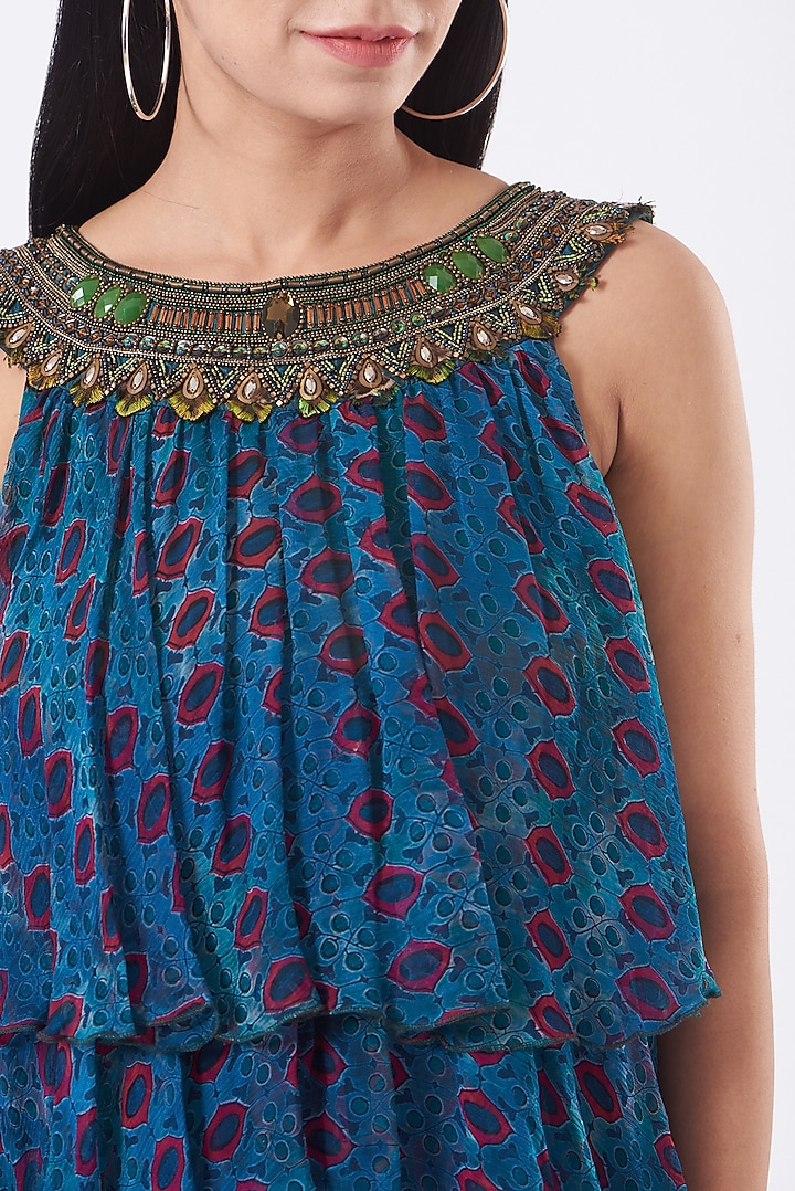 Blue Chiffon Printed & Embellished Tiered Mini Vacation Dress by Kavita Bhartia at Pernia's Pop Up Shop