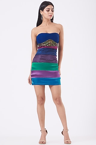 Blue Satin Lycra Color-Block Mini Dress by Kavita Bhartia