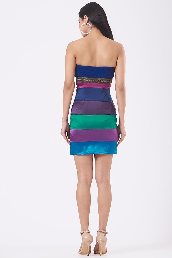 Blue Satin Lycra Color-Block Mini Vacation Dress by Kavita Bhartia at Pernia's Pop Up Shop