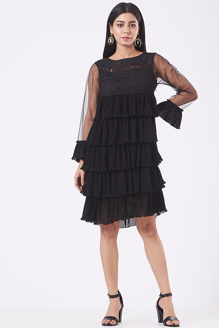 Black Embroidered Tiered Dress by Kavita Bhartia