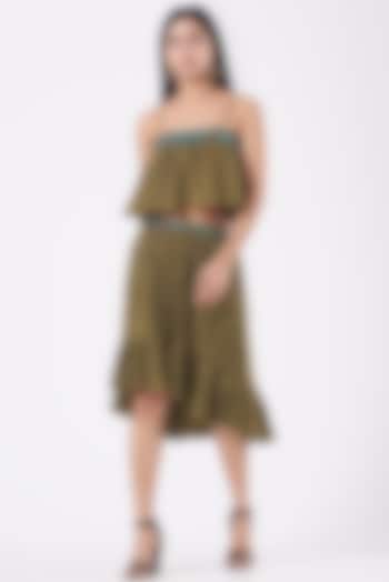 Olive Green Crinkle Satin High-Low Skirt Set by Kavita Bhartia