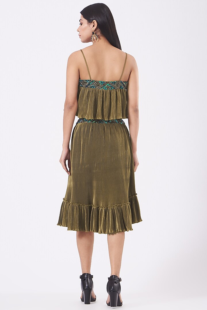 Olive Green Crinkle Satin High-Low Skirt Set by Kavita Bhartia at Pernia's Pop Up Shop