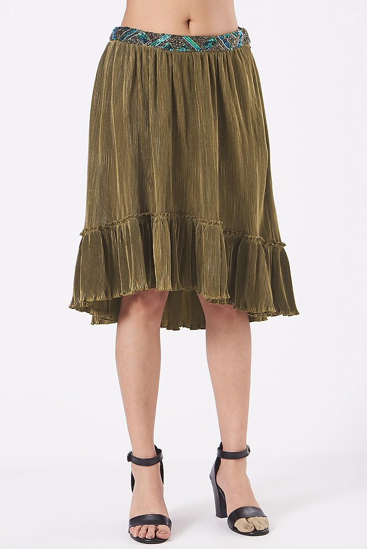 Olive Green Crinkle Satin High-Low Skirt Set by Kavita Bhartia at Pernia's Pop Up Shop