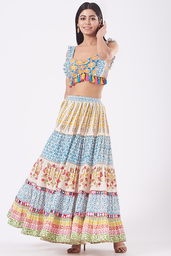 Multi-Colored Block Printed Skirt Set by Kavita Bhartia