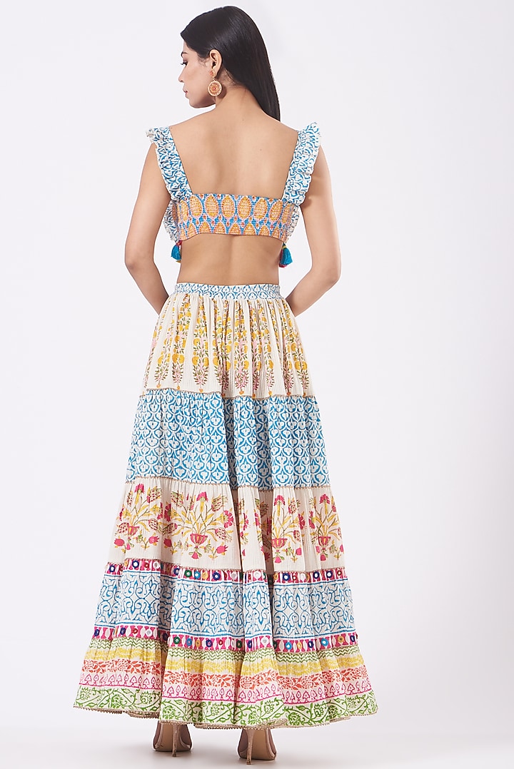 Multi-Colored Cotton Block Printed Tiered Skirt Set by Kavita Bhartia at Pernia's Pop Up Shop