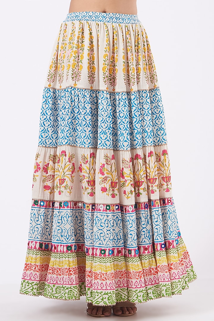 Multi-Colored Cotton Block Printed Tiered Skirt Set by Kavita Bhartia at Pernia's Pop Up Shop