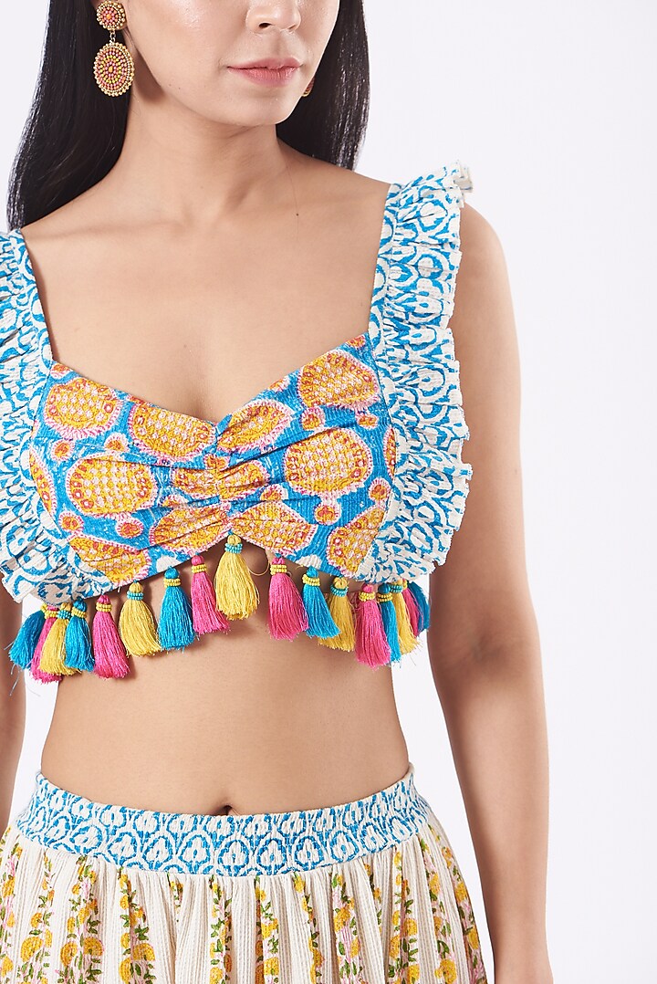 Multi-Colored Cotton Block Printed Tiered Skirt Set by Kavita Bhartia at Pernia's Pop Up Shop