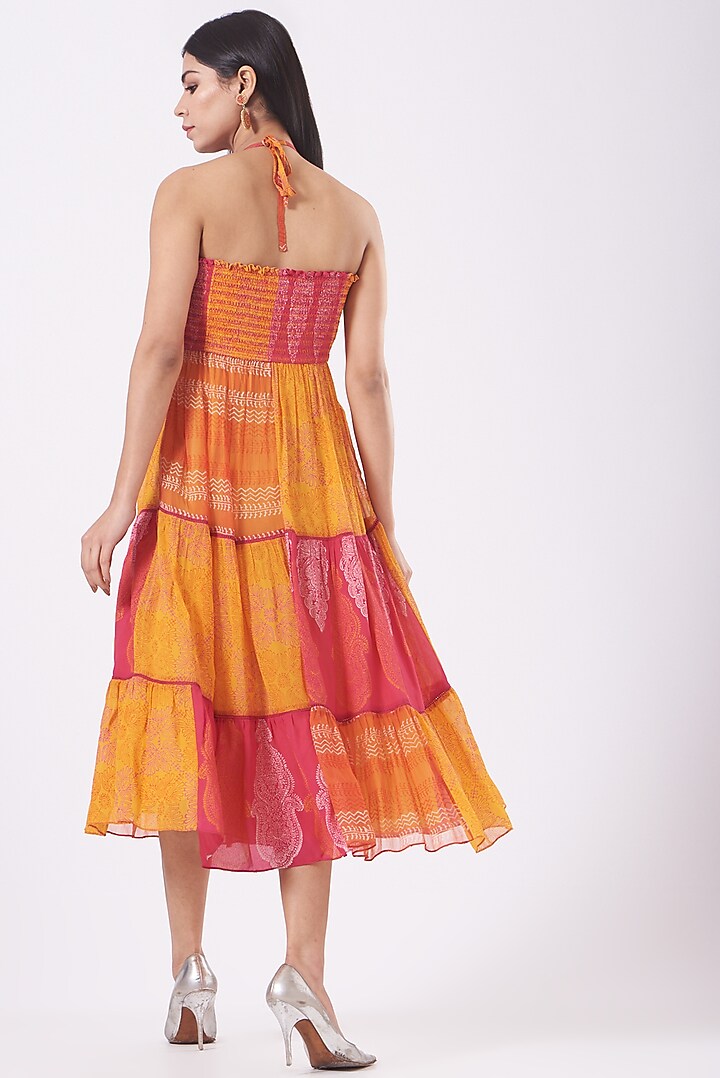 Coral Georgette Hand Painted Tiered Summer Dress by Kavita Bhartia at Pernia's Pop Up Shop