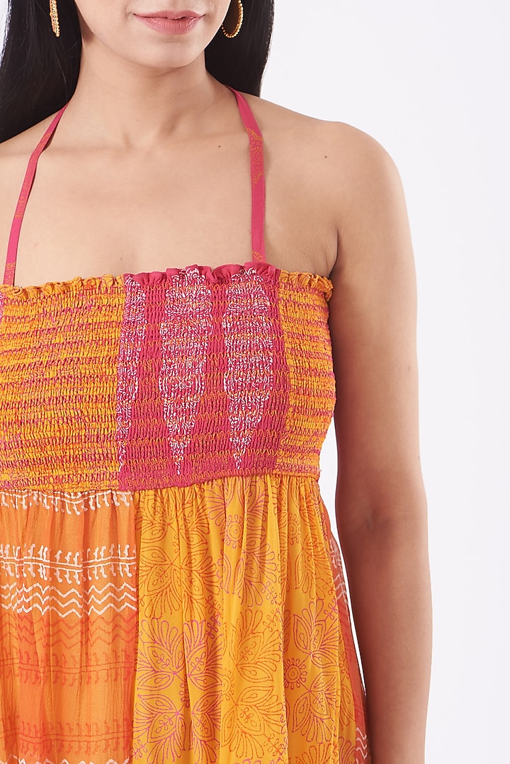 Coral Georgette Hand Painted Tiered Summer Dress by Kavita Bhartia at Pernia's Pop Up Shop
