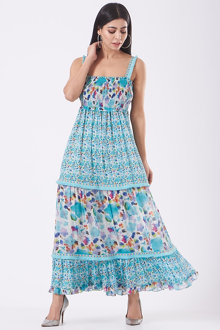 Turquoise Printed Vacation Dress by Kavita Bhartia at Pernia's Pop Up Shop