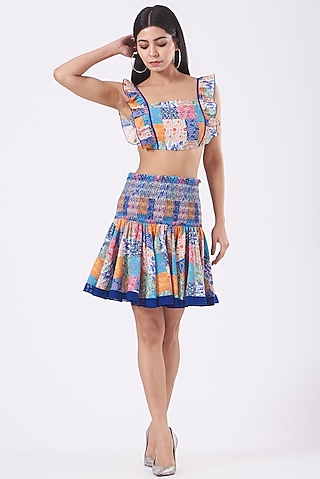 Multi-Colored Crepe Smocked Mini Skirt Set by Kavita Bhartia