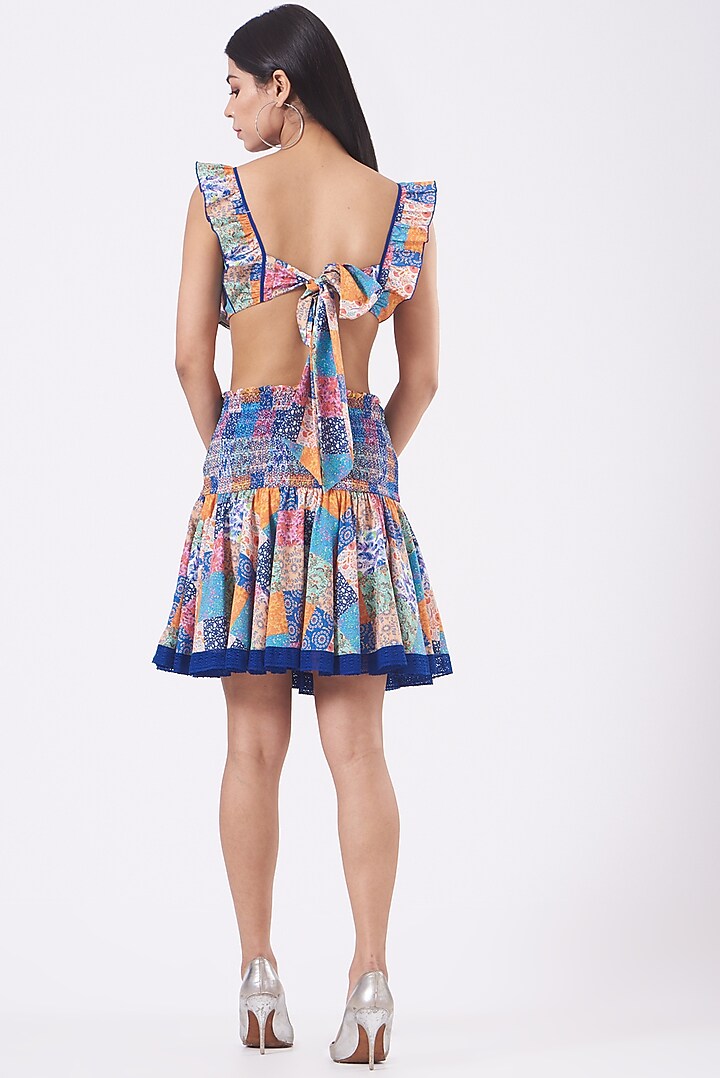 Multi-Colored Crepe Smocked Mini Skirt Set by Kavita Bhartia at Pernia's Pop Up Shop