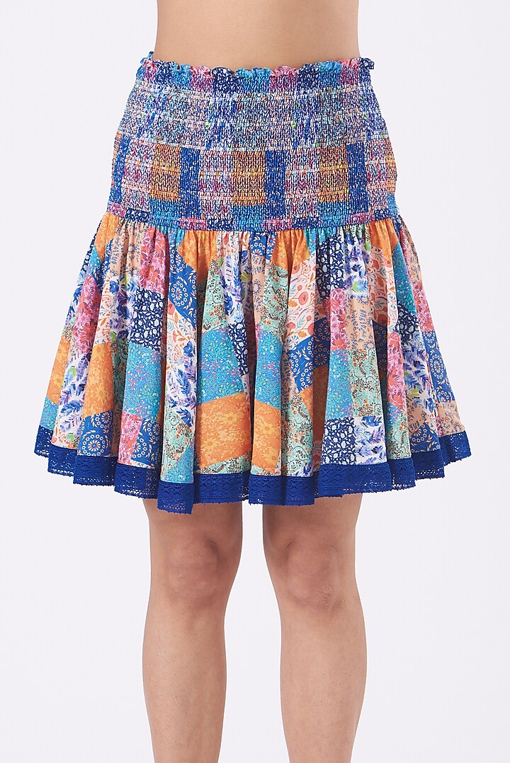 Multi-Colored Crepe Smocked Mini Skirt Set by Kavita Bhartia at Pernia's Pop Up Shop
