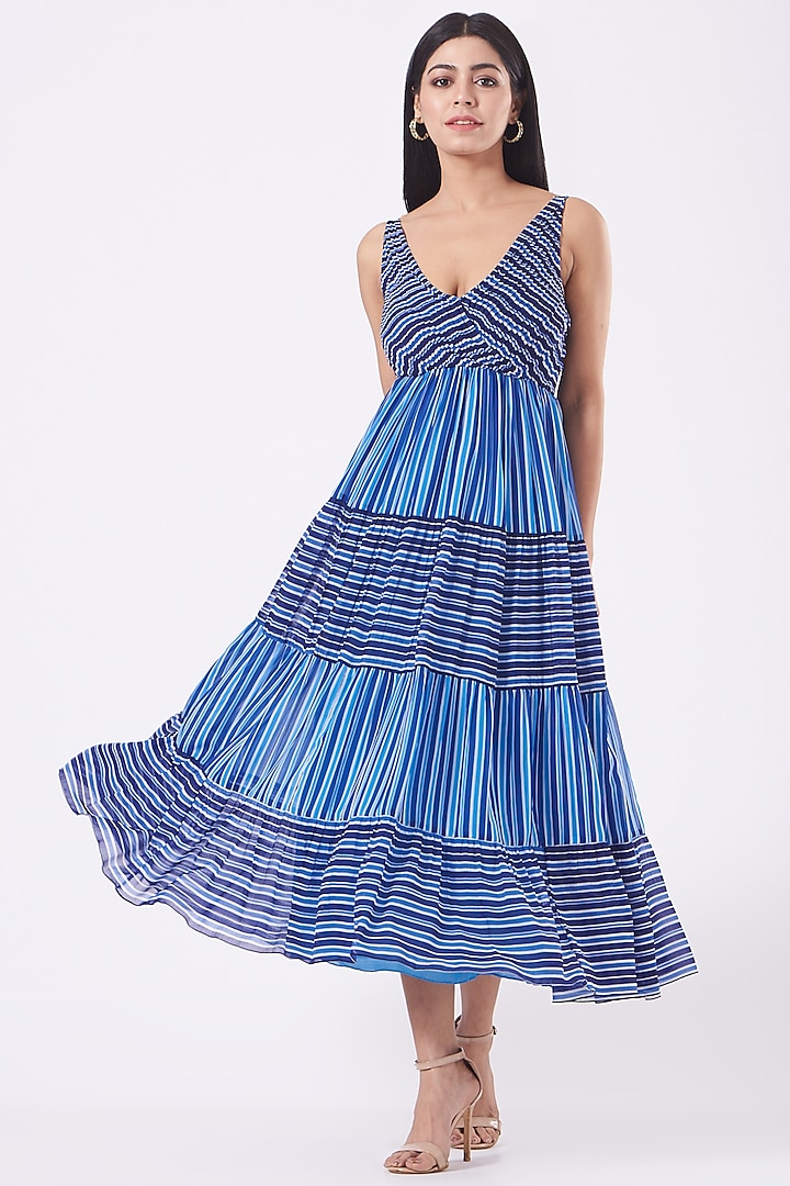 Blue Striped Tiered Dress by Kavita Bhartia