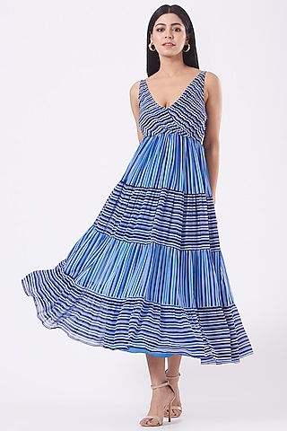 Blue Chiffon Striped Printed Tiered Dress by Kavita Bhartia