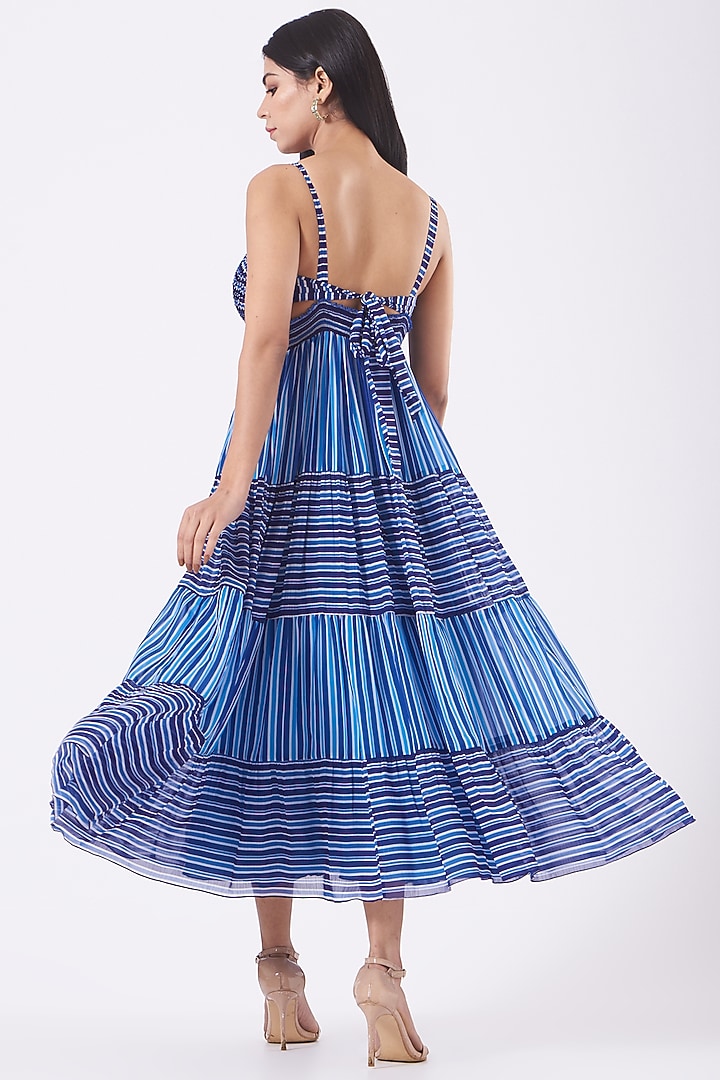 Blue Chiffon Striped Printed Tiered Vacation Dress by Kavita Bhartia at Pernia's Pop Up Shop