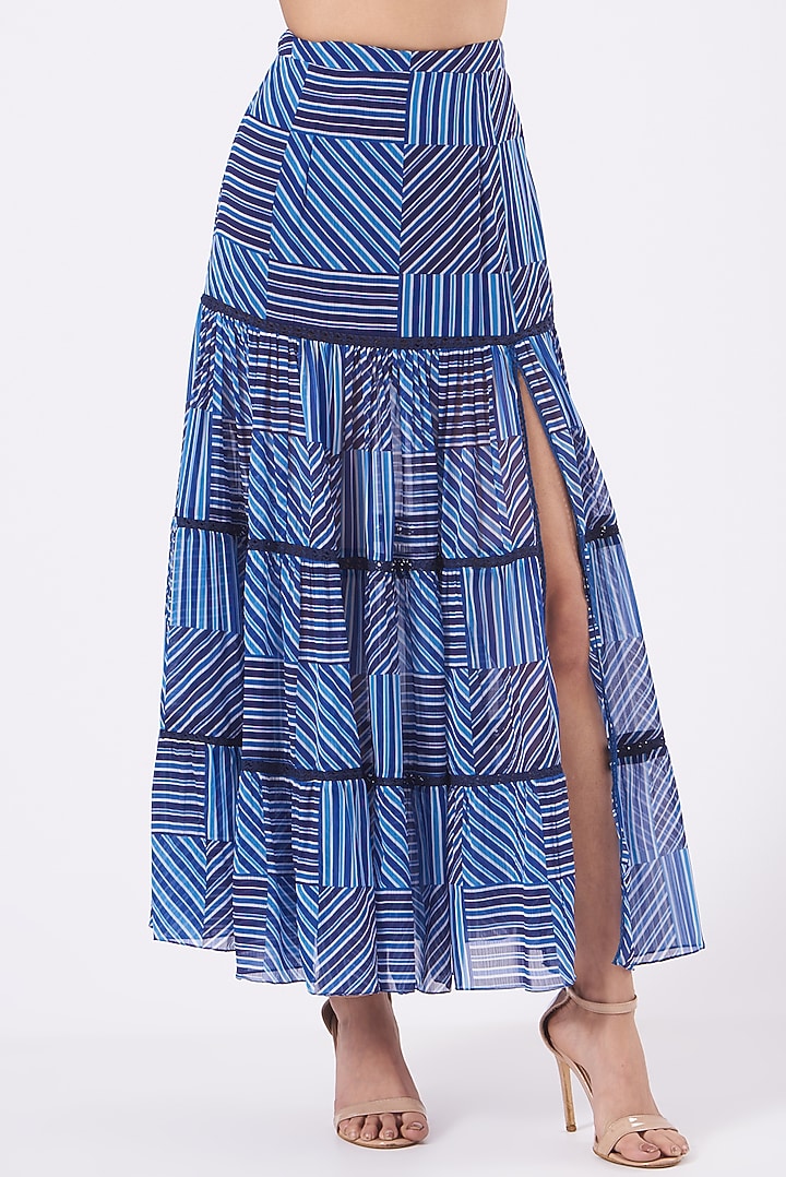Blue Chiffon Tiered Skirt Set by Kavita Bhartia at Pernia's Pop Up Shop