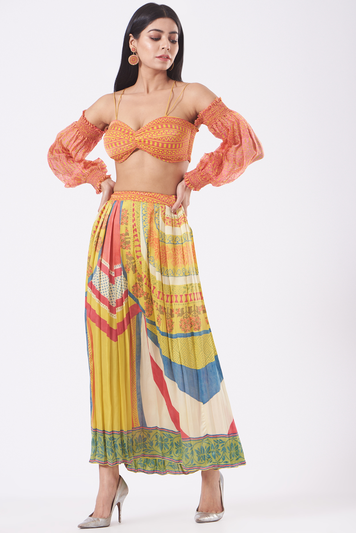 Orange & Yellow Modal Satin Hand-Printed Skirt Set by Kavita Bhartia at Pernia's Pop Up Shop