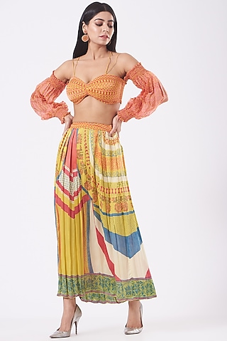 Orange & Yellow Modal Satin Hand-Printed Skirt Set by Kavita Bhartia