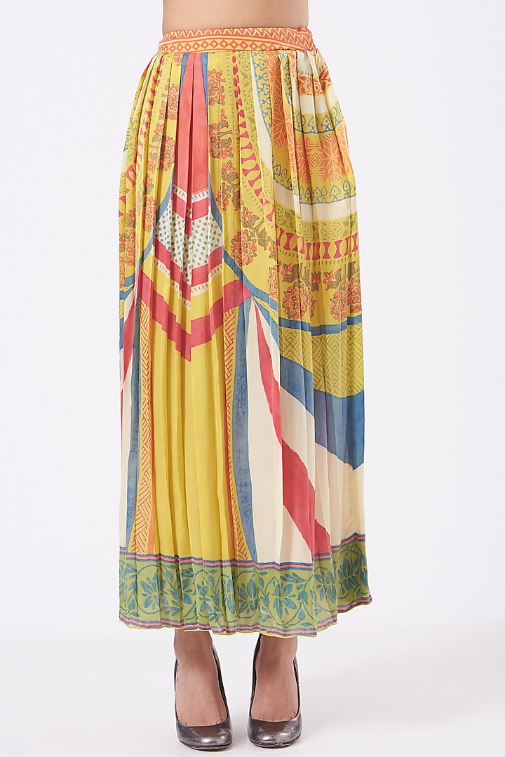 Orange & Yellow Modal Satin Hand-Printed Skirt Set by Kavita Bhartia at Pernia's Pop Up Shop