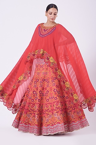 Carrot Red Embroidered Skirt Set by Kavita Bhartia
