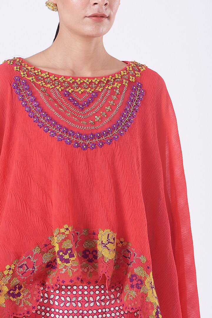 Carrot Red Embroidered Skirt Set by Kavita Bhartia at Pernia's Pop Up Shop