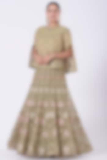 Light Pine Green Embroidered Skirt Set by Kavita Bhartia at Pernia's Pop Up Shop
