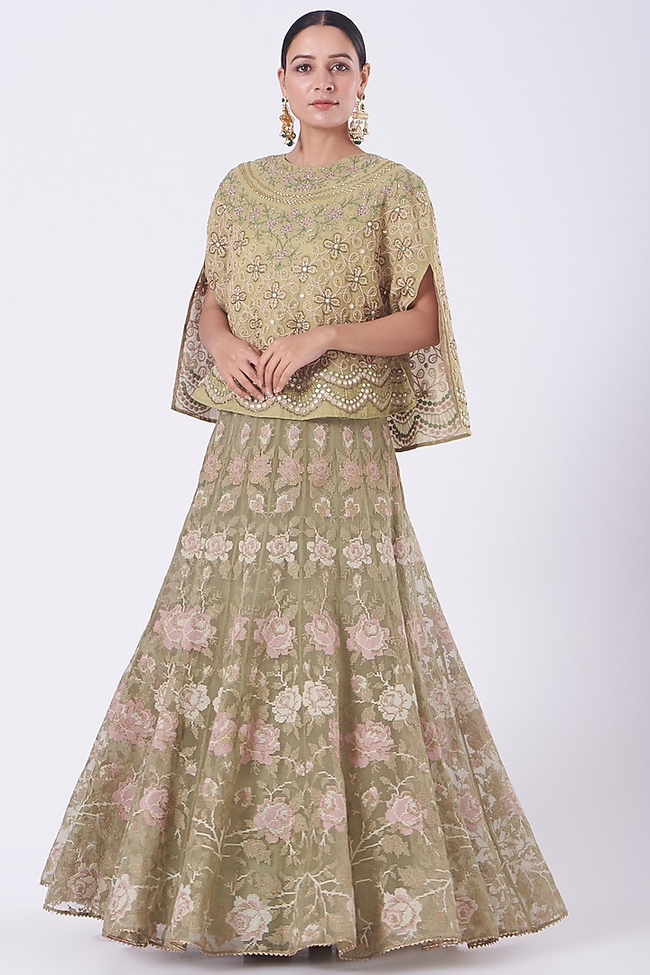 Light Pine Green Embroidered Skirt Set by Kavita Bhartia at Pernia's Pop Up Shop