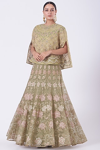 Light Pine Green Embroidered Skirt Set by Kavita Bhartia