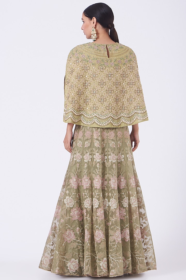 Light Pine Green Embroidered Skirt Set by Kavita Bhartia at Pernia's Pop Up Shop