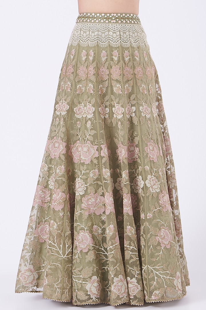 Light Pine Green Embroidered Skirt Set by Kavita Bhartia at Pernia's Pop Up Shop
