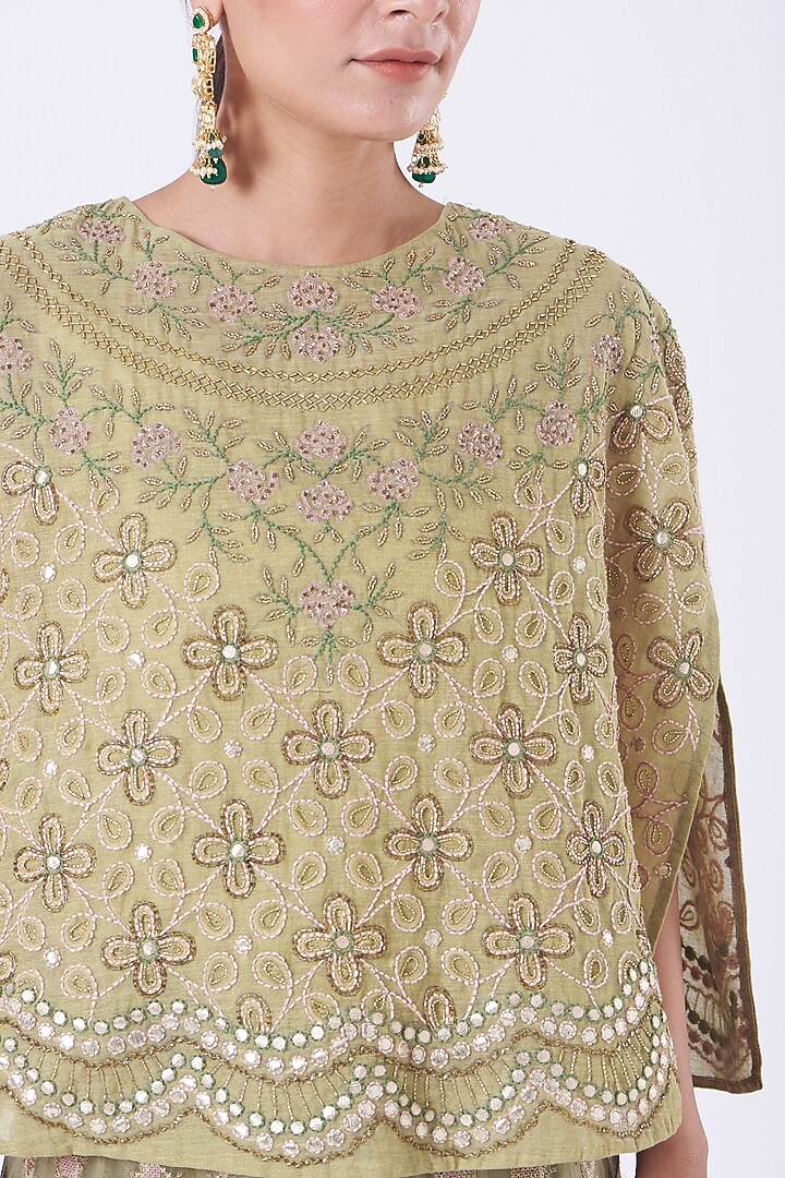 Light Pine Green Embroidered Skirt Set by Kavita Bhartia at Pernia's Pop Up Shop