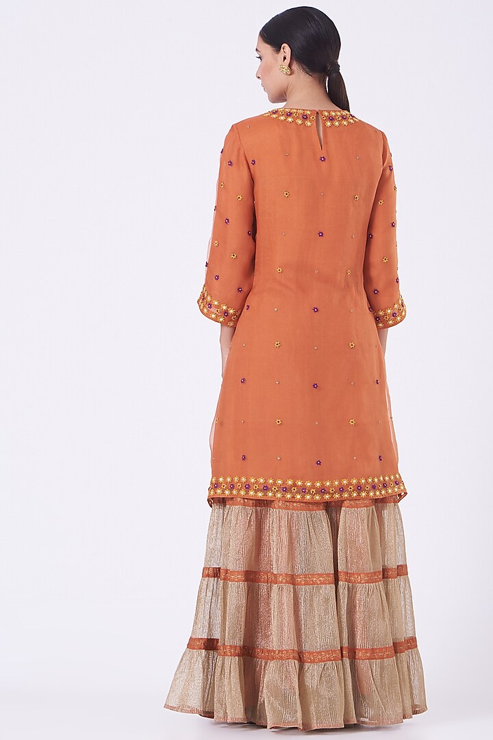 Rust Orange & Gold Textured Tiered Bridal Sharara Set by Kavita Bhartia at Pernia's Pop Up Shop