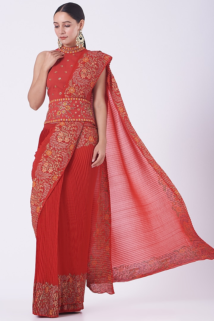 Scarlet Red Georgette Pre-Stitched Saree Set by Kavita Bhartia