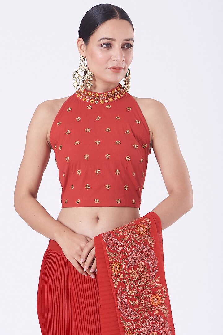 Scarlet Red Georgette Pre-Stitched Wedding Saree Set by Kavita Bhartia at Pernia's Pop Up Shop