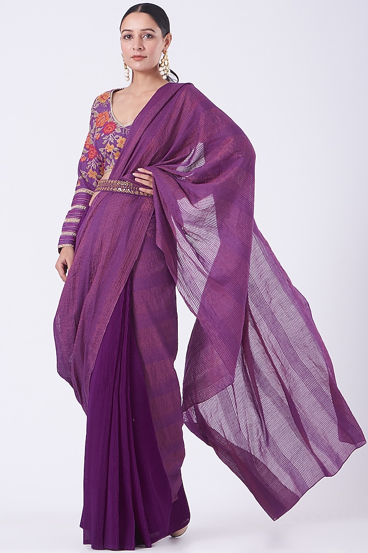 Plum Purple Crinkle Georgette Pre-Stitched Wedding Saree Set by Kavita Bhartia at Pernia's Pop Up Shop