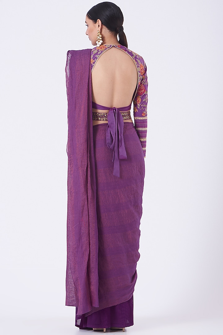 Plum Purple Crinkle Georgette Pre-Stitched Wedding Saree Set by Kavita Bhartia at Pernia's Pop Up Shop