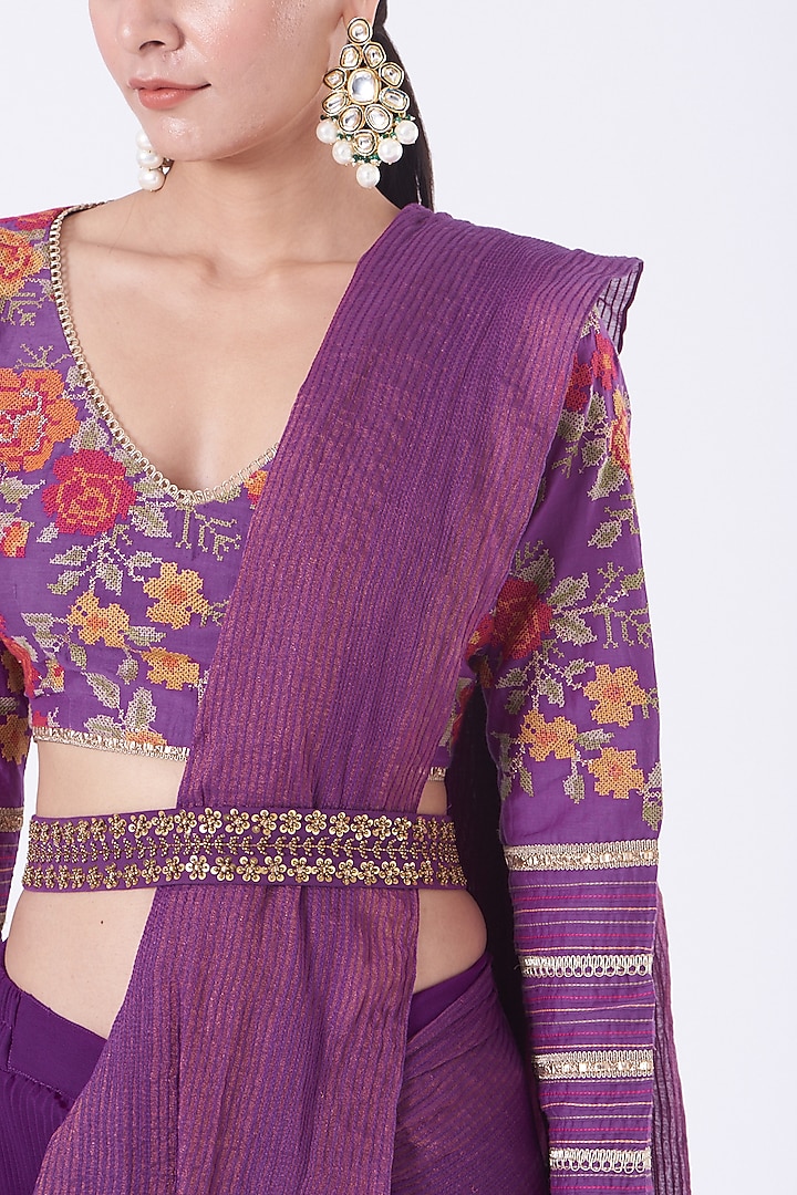 Plum Purple Crinkle Georgette Pre-Stitched Wedding Saree Set by Kavita Bhartia at Pernia's Pop Up Shop