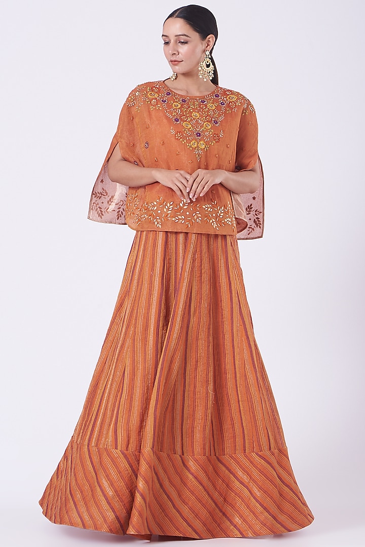 Rust Orange Tissue Chanderi Skirt Set by Kavita Bhartia at Pernia's Pop Up Shop