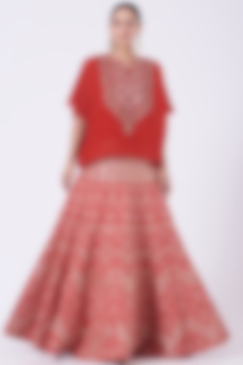 Bright Red Embroidered Skirt Set by Kavita Bhartia