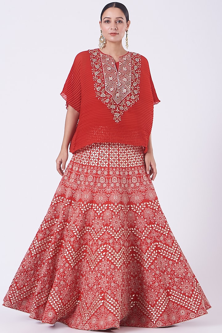 Bright Red Embroidered Skirt Set by Kavita Bhartia
