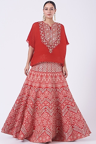 Bright Red Embroidered Skirt Set by Kavita Bhartia