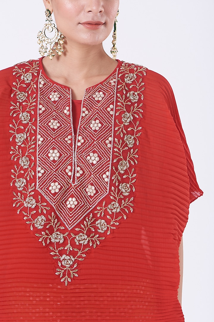 Bright Red Embroidered Skirt Set by Kavita Bhartia at Pernia's Pop Up Shop