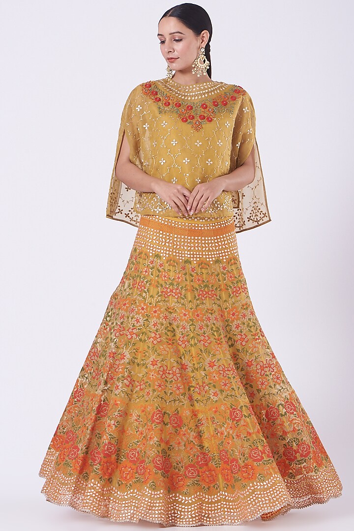 Marigold Yellow Embroidered Skirt Set by Kavita Bhartia
